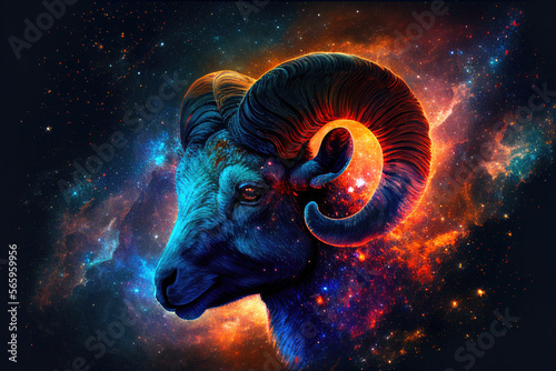 Aries zodiac sign against space nebula background. Astrology calendar. Esoteric horoscope and fortune telling concept. Created with Generative AI photo