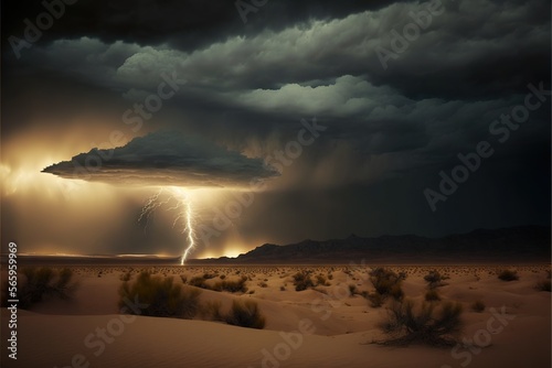  a storm is coming in over a desert landscape with a lightning bolt in the sky above it and a desert landscape with sparse grass and bushes. generative ai