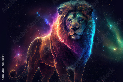 Lion or Leo zodiac sign against space nebula background. Astrology calendar. Esoteric horoscope and fortune telling concept. Created with Generative AI