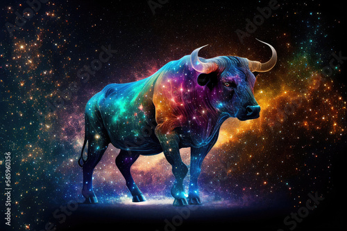 Taurus zodiac sign against space nebula background. Astrology calendar. Esoteric horoscope and fortune telling concept. Created with Generative AI photo