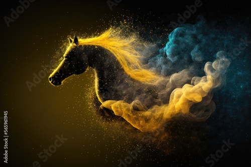 Space horse background in yellow and indego smoke with shiny glitter particles-stan