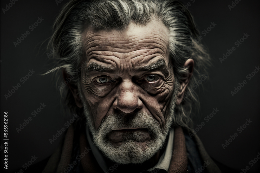 Portrait of vintage old pensive and authoritative senior businessman on dark background,generative ai.