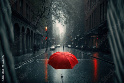  a person holding an umbrella on a rainy street in the rain with a red light on the street and a red light on the street.  generative ai