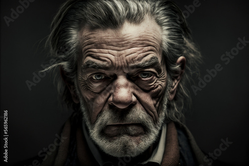 Portrait of vintage old pensive and authoritative senior businessman on dark background,generative ai.
