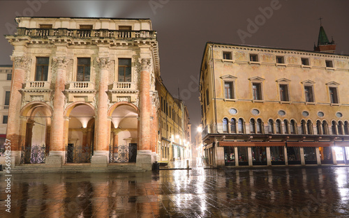 palace called LOGGIA DEL CAPITANIATO in the City of Vicenza in Northern Italy in the rainy night