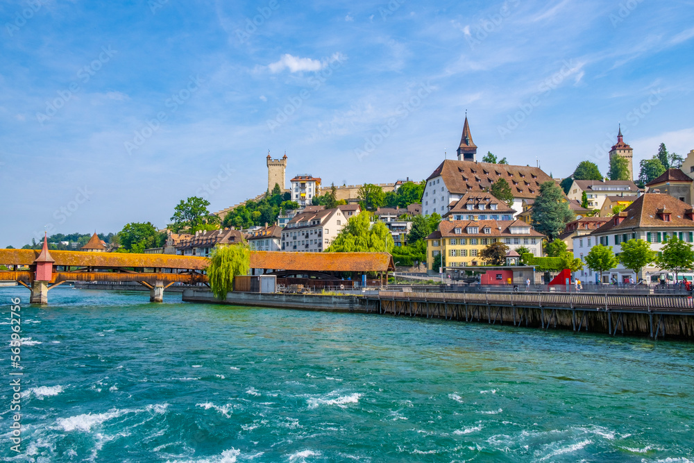 Scenic summer aerial panorama of the Old Town medieval architecture in Lucerne, Switzerland