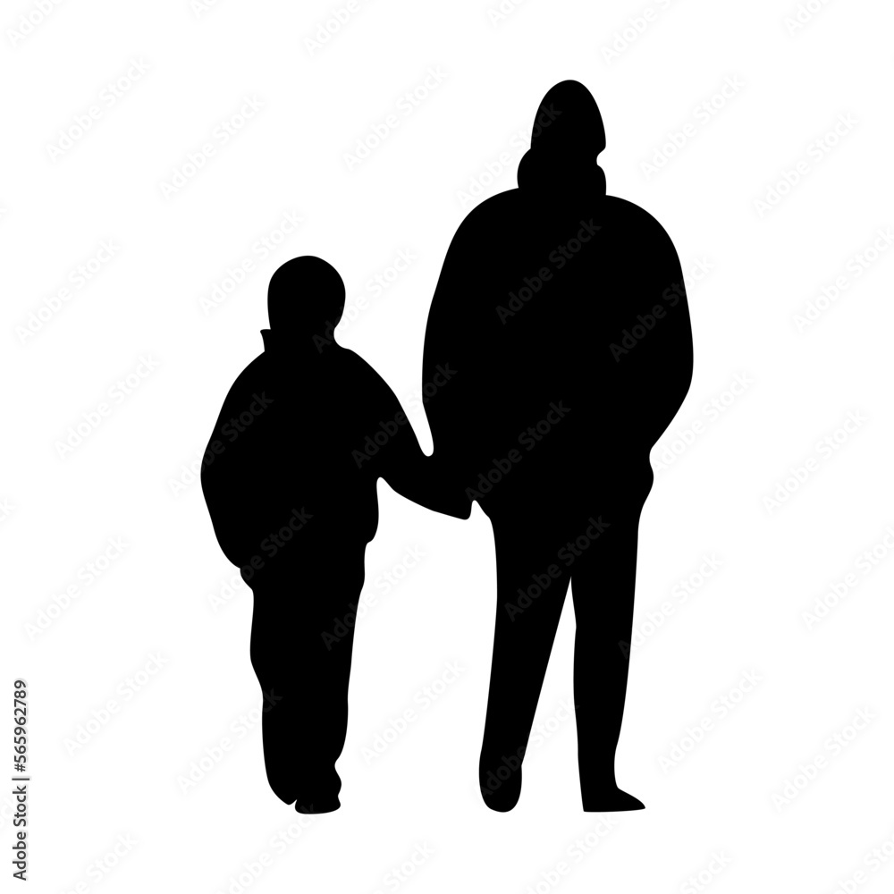 Father and son in winter morning or evening icon. Black and white.