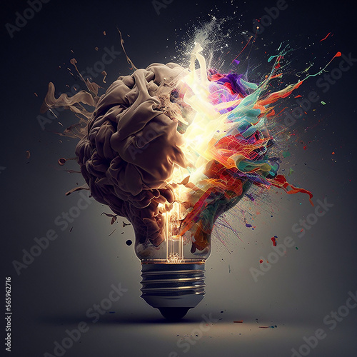 A Generative AI illustration of the concepts of innovation and idea burst, with a lightbulb lightning up like during a brainstorming. photo