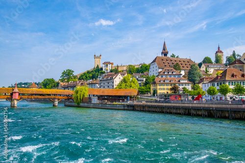 Scenic summer aerial panorama of the Old Town medieval architecture in Lucerne, Switzerland