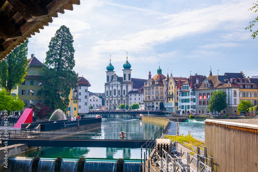 Scenic summer aerial panorama of the Old Town medieval architecture in Lucerne, Switzerland
