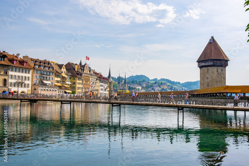 Scenic summer aerial panorama of the Old Town medieval architecture in Lucerne, Switzerland