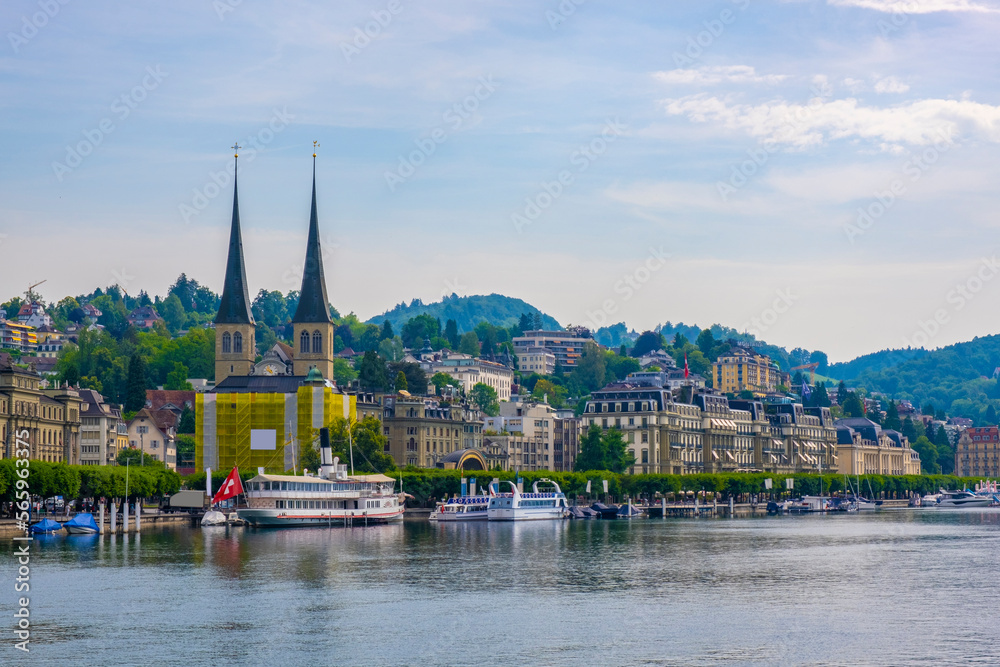 Scenic summer aerial panorama of the Old Town medieval architecture in Lucerne, Switzerland