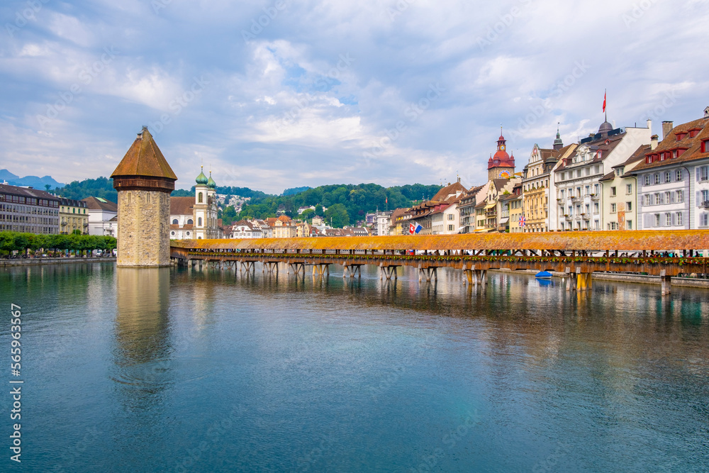Scenic summer aerial panorama of the Old Town medieval architecture in Lucerne, Switzerland