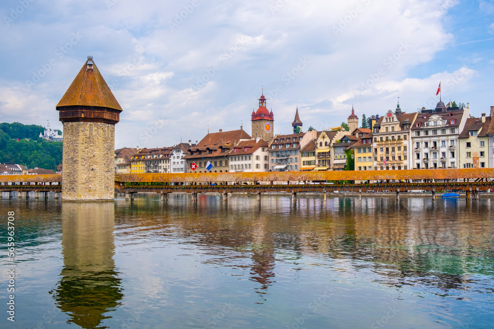 Scenic summer aerial panorama of the Old Town medieval architecture in Lucerne, Switzerland