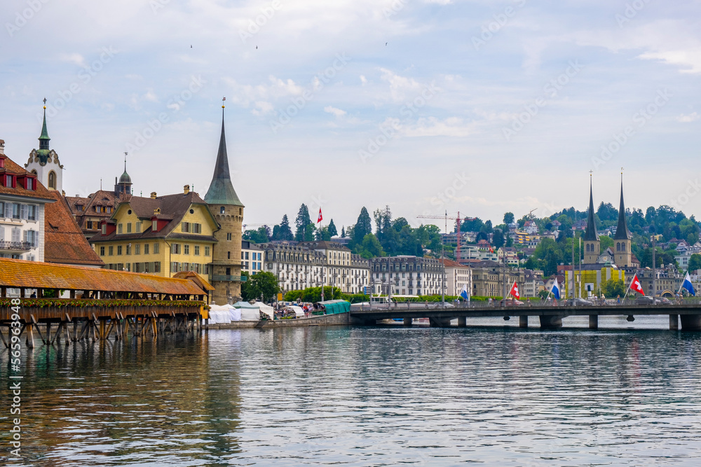 Scenic summer aerial panorama of the Old Town medieval architecture in Lucerne, Switzerland