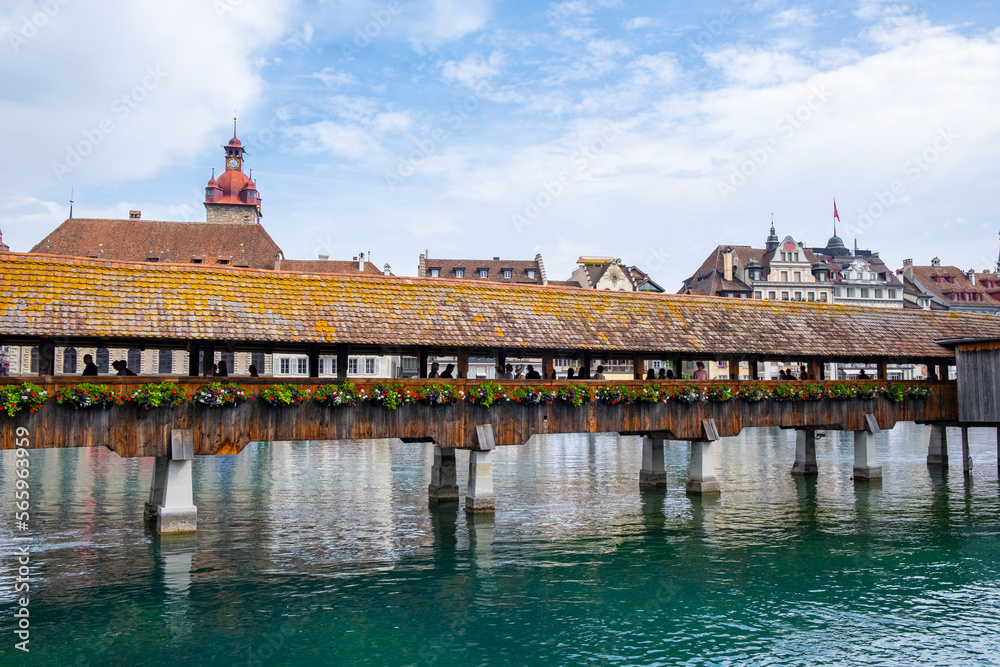 Scenic summer aerial panorama of the Old Town medieval architecture in Lucerne, Switzerland