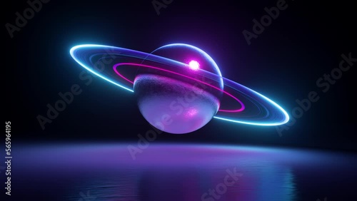 looping 3d animation of abstract saturn planet with neon rings spinning and floating over black background, futuristic space wallpaper with animated ball