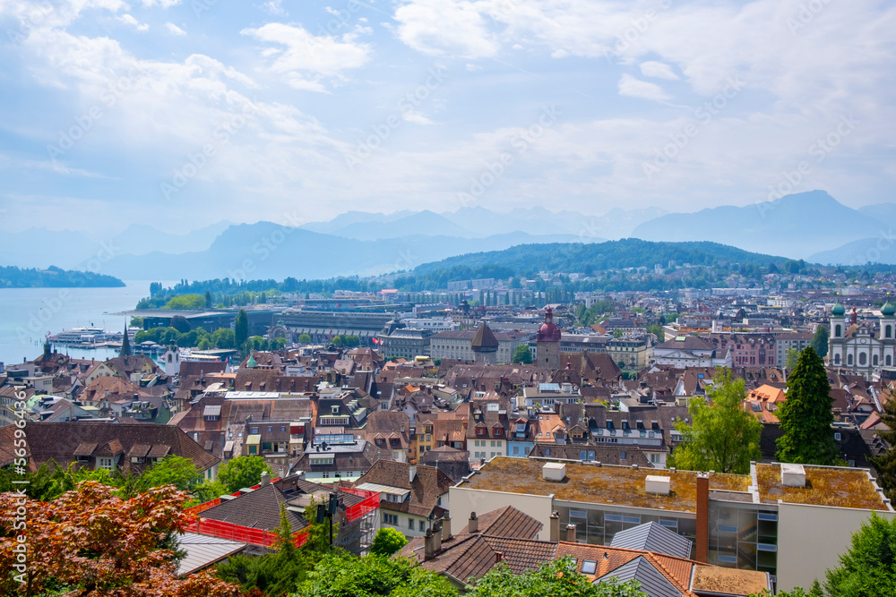 Scenic summer aerial panorama of the Old Town medieval architecture in Lucerne, Switzerland