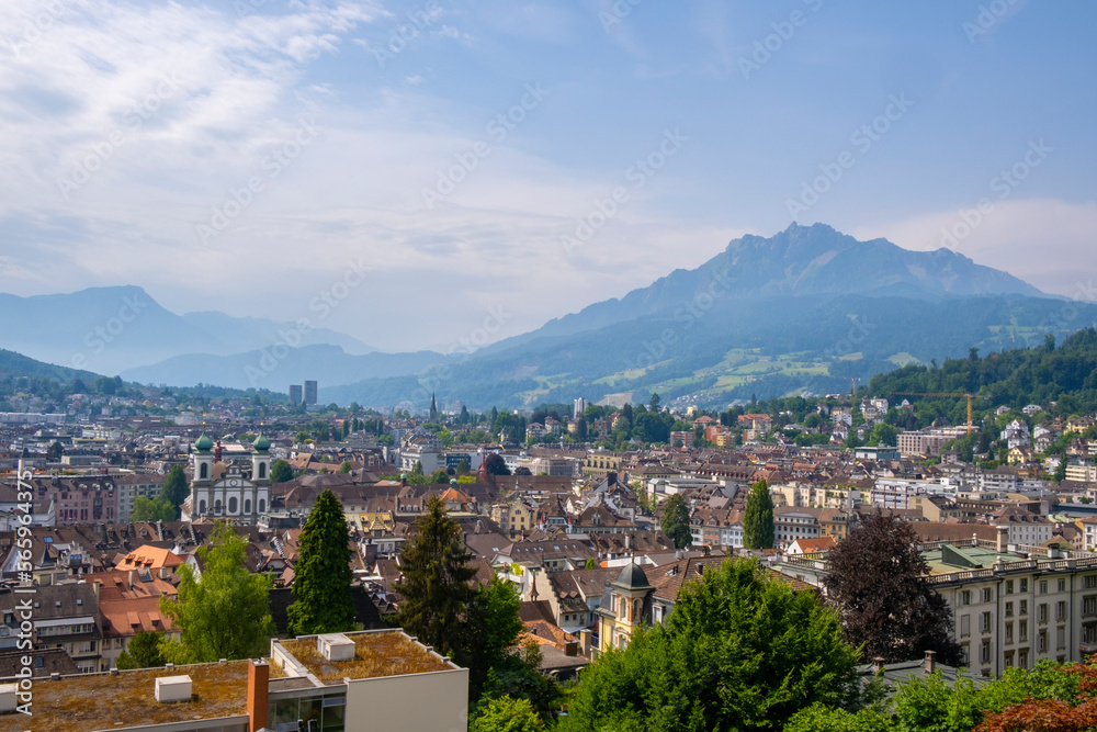 Scenic summer aerial panorama of the Old Town medieval architecture in Lucerne, Switzerland