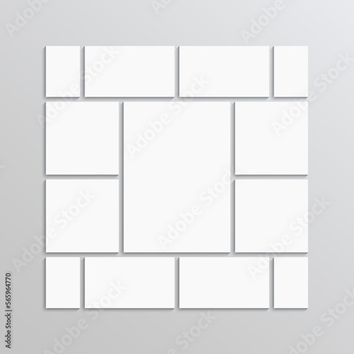 Moodboard collage square grid. Mood board background. Photo banner template. Mosaic pictures frame gallery. Minimalist scrapbook layout. Album brandboard. Portfolio images. Vector illustration