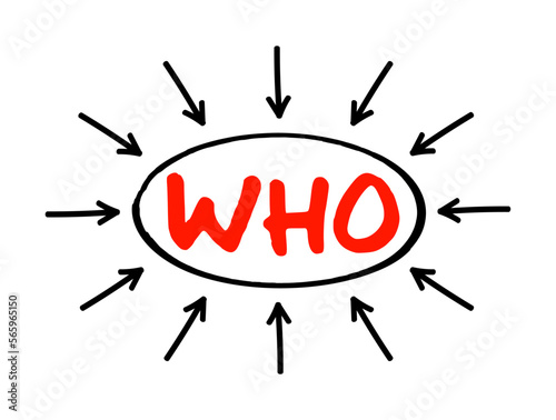 WHO World Health Organization - specialized agency responsible for international public health, acronym text concept with arrows photo