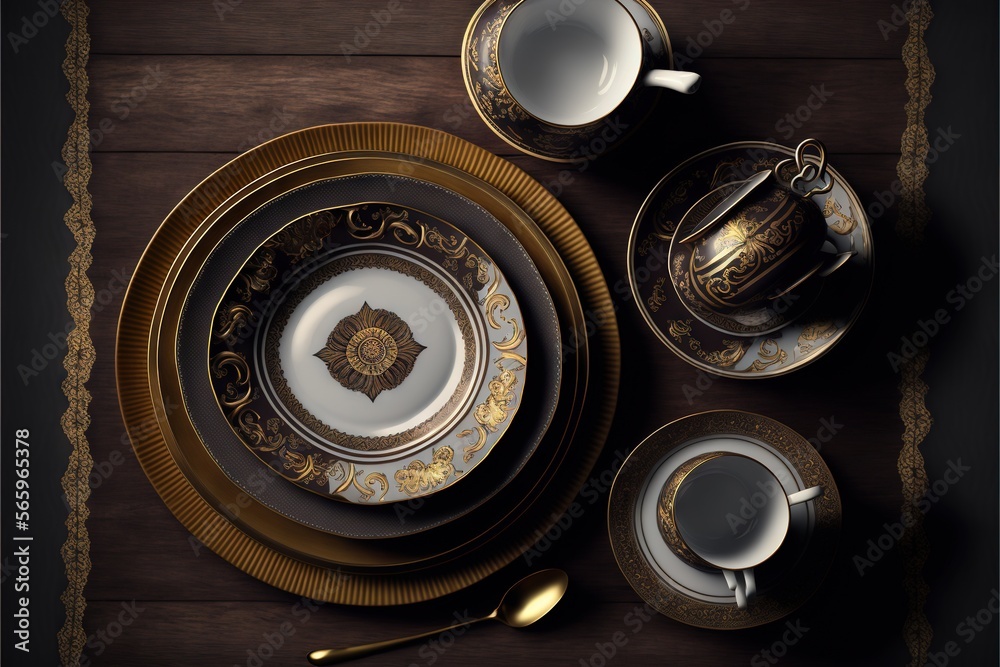 a table with a plate, cups and saucers on it and a spoon and spoon rest on the plate next to it, on a wooden table. generative ai a table with a plate, cups and saucers on it and a spoon and spoon rest on the plate next to it, on a wooden table. generative ai