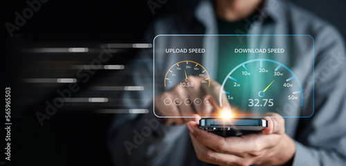 Tableau sur toile Fast internet connection speedtest bandwidth network technology, Man using Internet high speed by smartphone and laptop computer, 5G quality, speed optimization