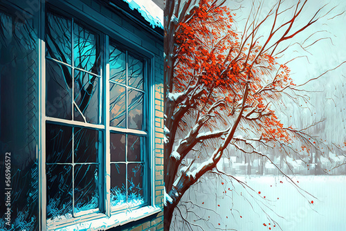  a painting of a tree outside of a window with snow on the ground and a building with a red tree in the window and a snowy landscape.  generative ai