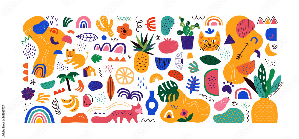 Set of colorful trendy shapes in childish hand drawn style. Modern flat drawing cartoon collection. Summer jungle decoration and exotic tropical animals on isolated background. Set of colorful trendy shapes in childish hand drawn style. Modern flat drawing cartoon collection. Summer jungle decoration and exotic tropical animals on isolated background.