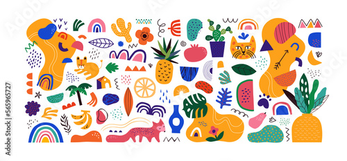 Set of colorful trendy shapes in childish hand drawn style. Modern flat drawing cartoon collection. Summer jungle decoration and exotic tropical animals on isolated background. 