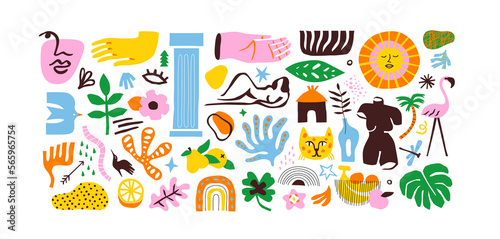 Set of trendy doodle and abstract nature icons on isolated background. Colorful summer collection, unusual organic shapes in freehand matisse art style. Includes people, floral art and texture bundle 