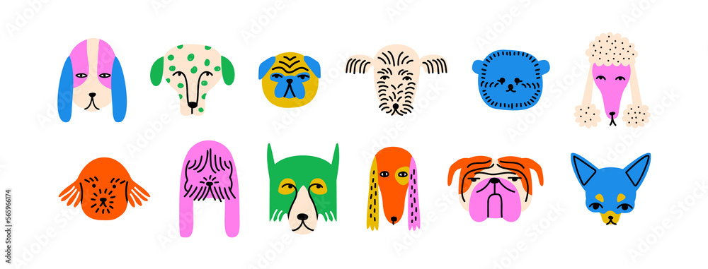 Funny dog animal head icon cartoon set in quirky colorful flat illustration style. Cute doggy pet face collection, diverse domestic dogs.	

