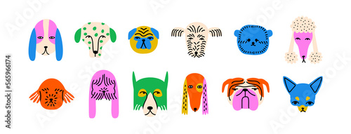 Fototapeta Naklejka Na Ścianę i Meble -  Funny dog animal head icon cartoon set in quirky colorful flat illustration style. Cute doggy pet face collection, diverse domestic dogs.	
