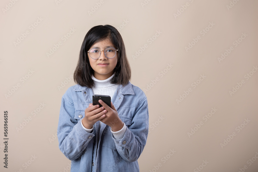 portrait of Mexican girl with smart phone and glasses portrait of Mexican girl with smart phone and glasses