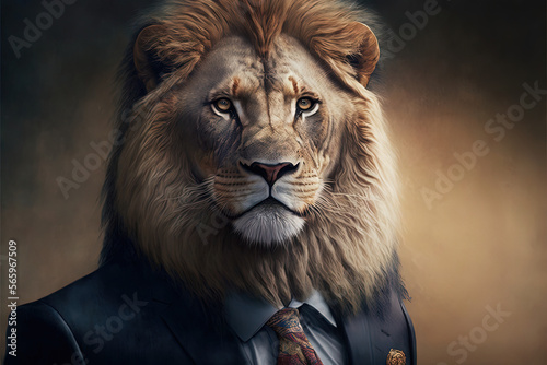Portrait of a lion dressed in a formal business suit, generative ai © VertigoAI