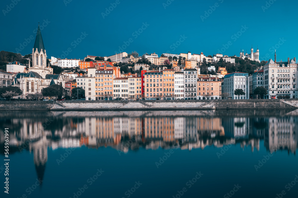 View of Saone river in the morning, Lyon. Special photographic processing.