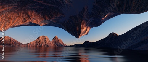 Photo 3d render, unusual landscape with cliffs and water