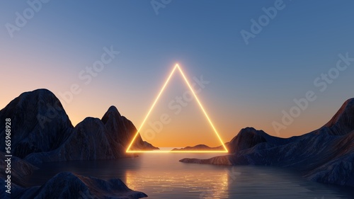 3d render, abstract background with triangular geometric frame and mystic landscape. Rocks and water, sunset or sunrise. Modern minimal wallpaper photo