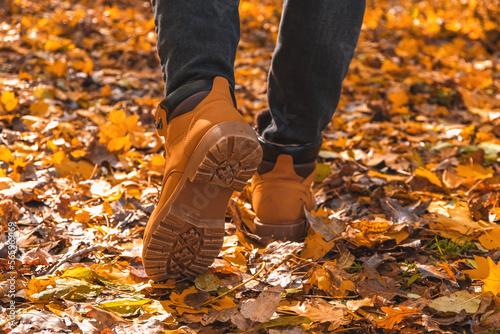 A man in red shoes walks through the autumn forest. Orange boots on yellow dry fallen leaves. Rest  relaxation in the autumn forest. Autumn concept of walking through forest. Recreation and travel.