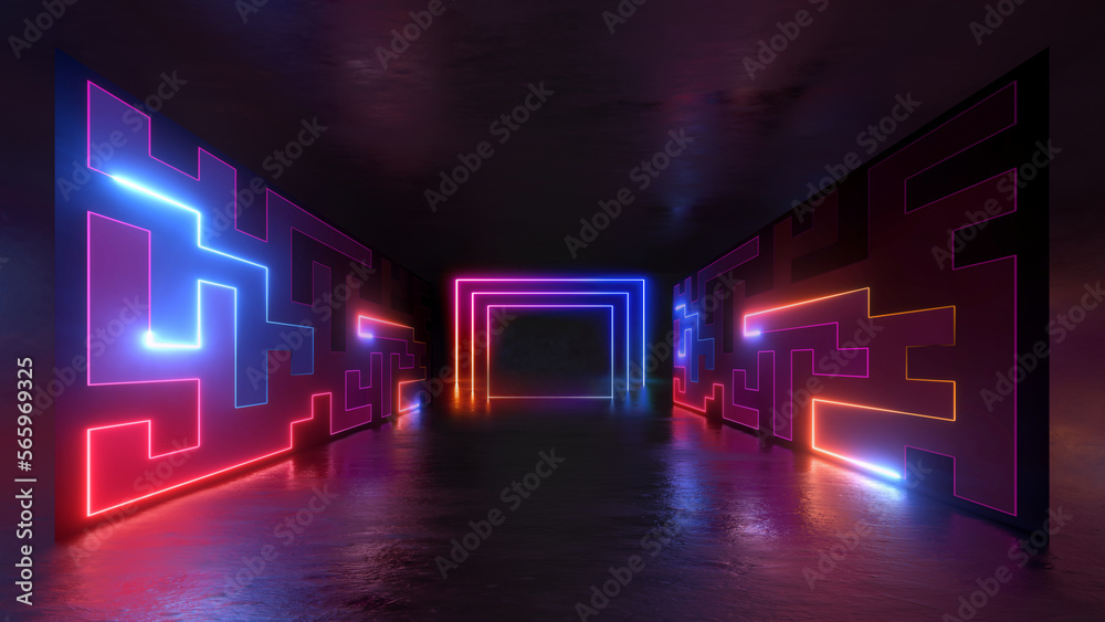 Naklejka premium 3d render. Abstract geometric background with neon rectangular frame inside the dark empty room and glowing laser labyrinth lines on the walls. Futuristic technology wallpaper