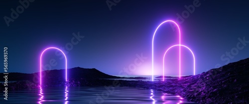 3d render, abstract background, futuristic landscape with neon lines, round arches, calm water and skyline. Minimalist wallpaper © wacomka