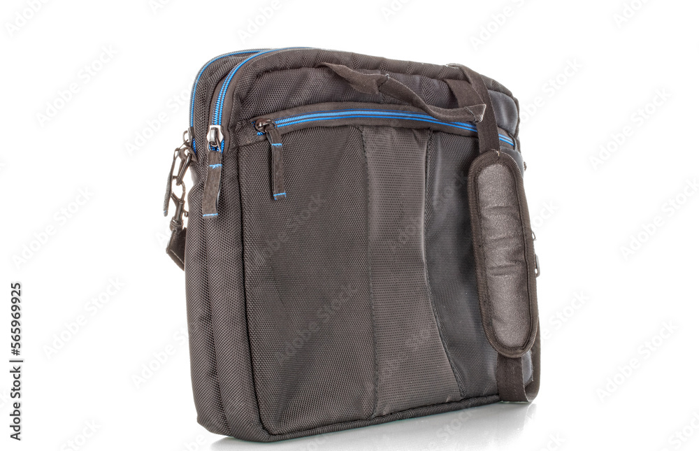 One black laptop carrying bag made of waterproof material macro isolated on white background. One black laptop carrying bag made of waterproof material macro isolated on white background.