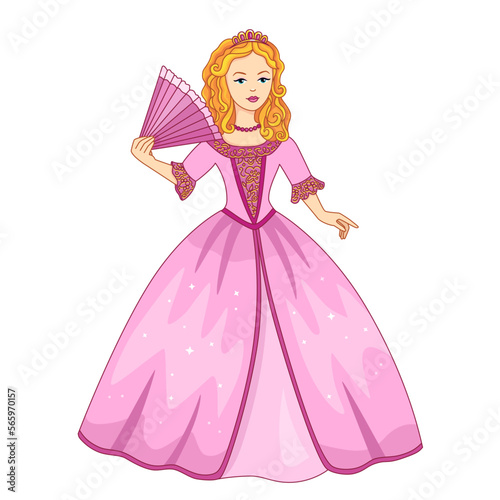 Vector princess in pink dress with hand fan, illustration of beautiful girl in rose ball dress, fairytale princess in diadem.