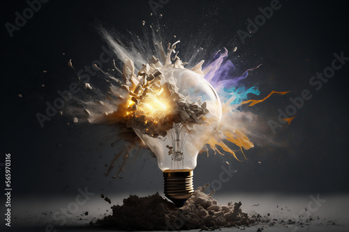 A Generative AI illustration of the concepts of innovation and idea burst, with a lightbulb lightning up like during a brainstorming.