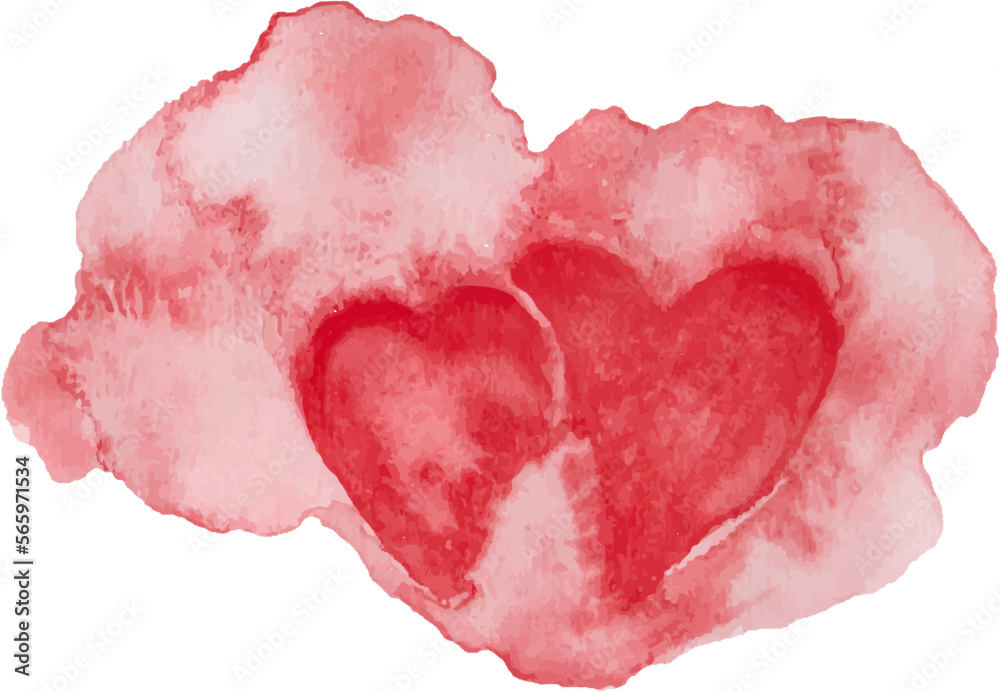 Abstract red  watercolor hearts on white background. The color splashing on the paper. Hand drawn illustration on white background.For design on Valentine's day. Vector EPS.