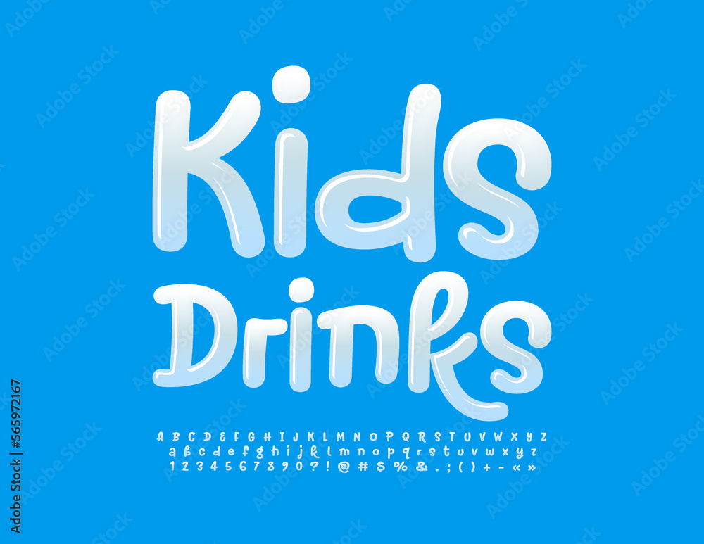 Fototapeta premium Vector funny Emblem Kids Drink. White Glossy Font. Modern Alphabet Letters and Numbers