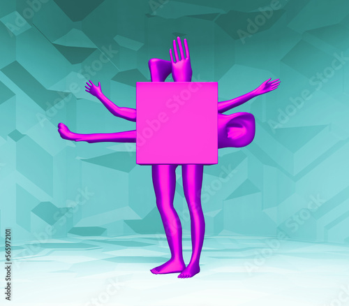 Strange creature, cube with legs and hand, 3d rendering © 3d_vicka