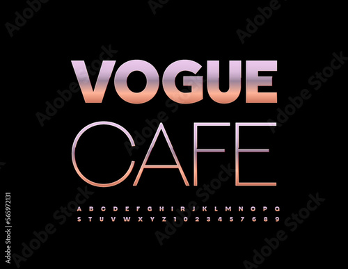 Vector premium Emblem Vogue Cafe Elite Golden Font. Stylish set of Alphabet Letters, Numbers and Symbols.