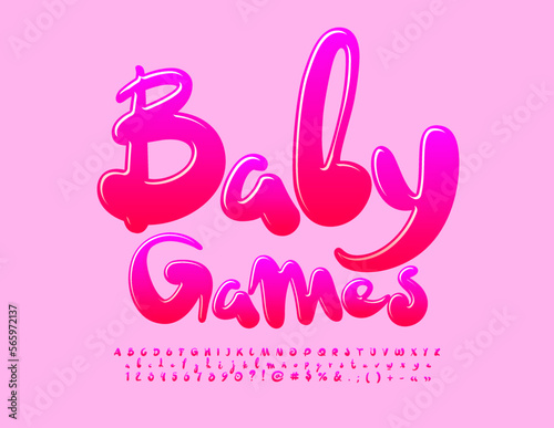 Vector pink Emblem Baby Games. Playful Glossy Font. Funny handwritten Alphabet Letters and Numbers