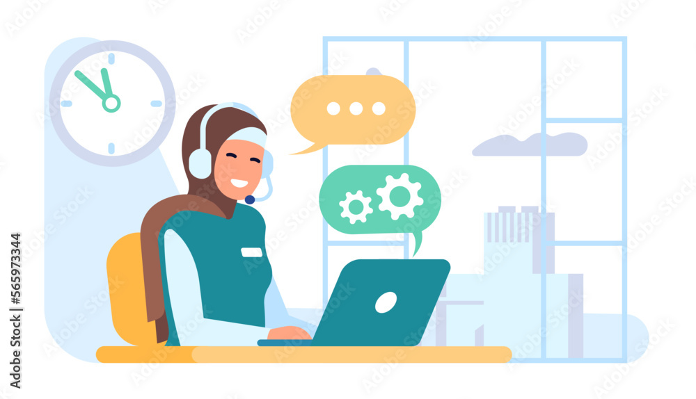 Arab woman working with laptop in customer service. Happy corporate employee sitting. Muslin female character in office workplace in traditional Islam clothing. Vector cartoon flat concept